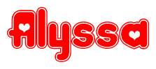 The image is a red and white graphic with the word Alyssa written in a decorative script. Each letter in  is contained within its own outlined bubble-like shape. Inside each letter, there is a white heart symbol.