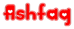 The image is a clipart featuring the word Ashfaq written in a stylized font with a heart shape replacing inserted into the center of each letter. The color scheme of the text and hearts is red with a light outline.
