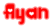 The image is a clipart featuring the word Ayan written in a stylized font with a heart shape replacing inserted into the center of each letter. The color scheme of the text and hearts is red with a light outline.