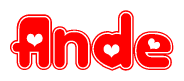 The image displays the word Ande written in a stylized red font with hearts inside the letters.