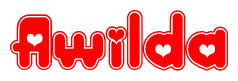 The image is a red and white graphic with the word Awilda written in a decorative script. Each letter in  is contained within its own outlined bubble-like shape. Inside each letter, there is a white heart symbol.