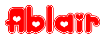 The image is a red and white graphic with the word Ablair written in a decorative script. Each letter in  is contained within its own outlined bubble-like shape. Inside each letter, there is a white heart symbol.