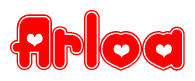 The image is a clipart featuring the word Arloa written in a stylized font with a heart shape replacing inserted into the center of each letter. The color scheme of the text and hearts is red with a light outline.
