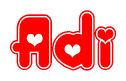 The image is a clipart featuring the word Adi written in a stylized font with a heart shape replacing inserted into the center of each letter. The color scheme of the text and hearts is red with a light outline.