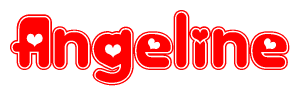 The image is a red and white graphic with the word Angeline written in a decorative script. Each letter in  is contained within its own outlined bubble-like shape. Inside each letter, there is a white heart symbol.