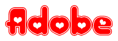 The image is a clipart featuring the word Adobe written in a stylized font with a heart shape replacing inserted into the center of each letter. The color scheme of the text and hearts is red with a light outline.