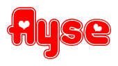 The image is a red and white graphic with the word Ayse written in a decorative script. Each letter in  is contained within its own outlined bubble-like shape. Inside each letter, there is a white heart symbol.