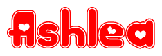 The image is a red and white graphic with the word Ashlea written in a decorative script. Each letter in  is contained within its own outlined bubble-like shape. Inside each letter, there is a white heart symbol.