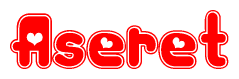 The image is a clipart featuring the word Aseret written in a stylized font with a heart shape replacing inserted into the center of each letter. The color scheme of the text and hearts is red with a light outline.