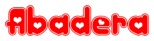 The image is a red and white graphic with the word Abadera written in a decorative script. Each letter in  is contained within its own outlined bubble-like shape. Inside each letter, there is a white heart symbol.