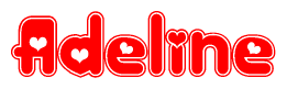 The image is a clipart featuring the word Adeline written in a stylized font with a heart shape replacing inserted into the center of each letter. The color scheme of the text and hearts is red with a light outline.
