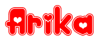 The image is a red and white graphic with the word Arika written in a decorative script. Each letter in  is contained within its own outlined bubble-like shape. Inside each letter, there is a white heart symbol.