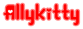 The image is a red and white graphic with the word Allykitty written in a decorative script. Each letter in  is contained within its own outlined bubble-like shape. Inside each letter, there is a white heart symbol.