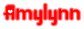 The image is a red and white graphic with the word Amylynn written in a decorative script. Each letter in  is contained within its own outlined bubble-like shape. Inside each letter, there is a white heart symbol.