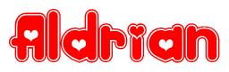 The image displays the word Aldrian written in a stylized red font with hearts inside the letters.