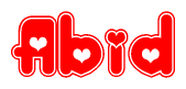 The image is a red and white graphic with the word Abid written in a decorative script. Each letter in  is contained within its own outlined bubble-like shape. Inside each letter, there is a white heart symbol.