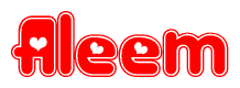The image is a red and white graphic with the word Aleem written in a decorative script. Each letter in  is contained within its own outlined bubble-like shape. Inside each letter, there is a white heart symbol.