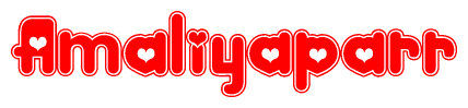 The image is a red and white graphic with the word Amaliyaparr written in a decorative script. Each letter in  is contained within its own outlined bubble-like shape. Inside each letter, there is a white heart symbol.