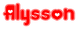 The image is a red and white graphic with the word Alysson written in a decorative script. Each letter in  is contained within its own outlined bubble-like shape. Inside each letter, there is a white heart symbol.