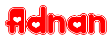 The image is a clipart featuring the word Adnan written in a stylized font with a heart shape replacing inserted into the center of each letter. The color scheme of the text and hearts is red with a light outline.