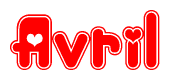 The image is a clipart featuring the word Avril written in a stylized font with a heart shape replacing inserted into the center of each letter. The color scheme of the text and hearts is red with a light outline.