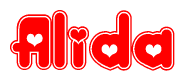 The image is a red and white graphic with the word Alida written in a decorative script. Each letter in  is contained within its own outlined bubble-like shape. Inside each letter, there is a white heart symbol.