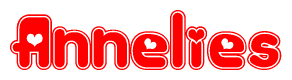 The image is a red and white graphic with the word Annelies written in a decorative script. Each letter in  is contained within its own outlined bubble-like shape. Inside each letter, there is a white heart symbol.