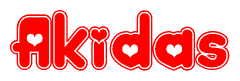 The image is a clipart featuring the word Akidas written in a stylized font with a heart shape replacing inserted into the center of each letter. The color scheme of the text and hearts is red with a light outline.