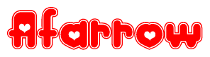 The image is a red and white graphic with the word Afarrow written in a decorative script. Each letter in  is contained within its own outlined bubble-like shape. Inside each letter, there is a white heart symbol.