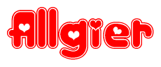 The image is a clipart featuring the word Allgier written in a stylized font with a heart shape replacing inserted into the center of each letter. The color scheme of the text and hearts is red with a light outline.