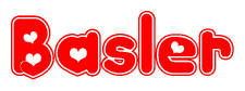 The image is a red and white graphic with the word Basler written in a decorative script. Each letter in  is contained within its own outlined bubble-like shape. Inside each letter, there is a white heart symbol.