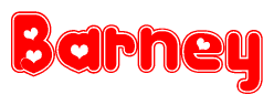 The image is a red and white graphic with the word Barney written in a decorative script. Each letter in  is contained within its own outlined bubble-like shape. Inside each letter, there is a white heart symbol.
