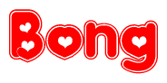 The image is a red and white graphic with the word Bong written in a decorative script. Each letter in  is contained within its own outlined bubble-like shape. Inside each letter, there is a white heart symbol.