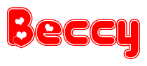 The image is a red and white graphic with the word Beccy written in a decorative script. Each letter in  is contained within its own outlined bubble-like shape. Inside each letter, there is a white heart symbol.