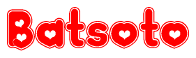 The image is a clipart featuring the word Batsoto written in a stylized font with a heart shape replacing inserted into the center of each letter. The color scheme of the text and hearts is red with a light outline.