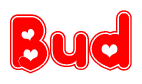 The image is a clipart featuring the word Bud written in a stylized font with a heart shape replacing inserted into the center of each letter. The color scheme of the text and hearts is red with a light outline.