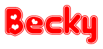 The image is a red and white graphic with the word Becky written in a decorative script. Each letter in  is contained within its own outlined bubble-like shape. Inside each letter, there is a white heart symbol.