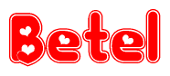 The image is a red and white graphic with the word Betel written in a decorative script. Each letter in  is contained within its own outlined bubble-like shape. Inside each letter, there is a white heart symbol.