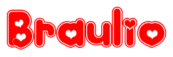 The image is a clipart featuring the word Braulio written in a stylized font with a heart shape replacing inserted into the center of each letter. The color scheme of the text and hearts is red with a light outline.