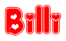 The image is a red and white graphic with the word Billi written in a decorative script. Each letter in  is contained within its own outlined bubble-like shape. Inside each letter, there is a white heart symbol.