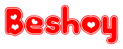 The image is a clipart featuring the word Beshoy written in a stylized font with a heart shape replacing inserted into the center of each letter. The color scheme of the text and hearts is red with a light outline.