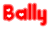 The image is a clipart featuring the word Bally written in a stylized font with a heart shape replacing inserted into the center of each letter. The color scheme of the text and hearts is red with a light outline.
