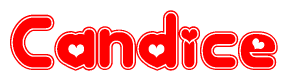 The image is a clipart featuring the word Candice written in a stylized font with a heart shape replacing inserted into the center of each letter. The color scheme of the text and hearts is red with a light outline.