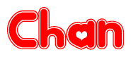 The image is a clipart featuring the word Chan written in a stylized font with a heart shape replacing inserted into the center of each letter. The color scheme of the text and hearts is red with a light outline.