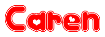 The image is a red and white graphic with the word Caren written in a decorative script. Each letter in  is contained within its own outlined bubble-like shape. Inside each letter, there is a white heart symbol.