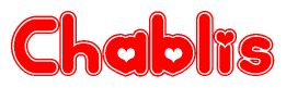 The image is a red and white graphic with the word Chablis written in a decorative script. Each letter in  is contained within its own outlined bubble-like shape. Inside each letter, there is a white heart symbol.