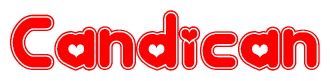 The image is a clipart featuring the word Candican written in a stylized font with a heart shape replacing inserted into the center of each letter. The color scheme of the text and hearts is red with a light outline.