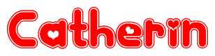 The image is a red and white graphic with the word Catherin written in a decorative script. Each letter in  is contained within its own outlined bubble-like shape. Inside each letter, there is a white heart symbol.