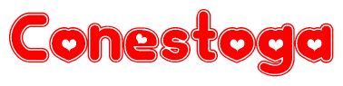 The image is a clipart featuring the word Conestoga written in a stylized font with a heart shape replacing inserted into the center of each letter. The color scheme of the text and hearts is red with a light outline.
