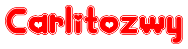 The image is a red and white graphic with the word Carlitozwy written in a decorative script. Each letter in  is contained within its own outlined bubble-like shape. Inside each letter, there is a white heart symbol.